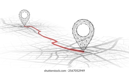 GPS. Abstract vector two pin icon on city map with white line connection. Transportation delivery, map location, transport logistic, tourism navigate, route path concept. Gps point navigation