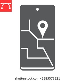 Gps app glyph icon, navigation and smartphone, tracking app vector icon, vector graphics, editable stroke solid sign, eps 10.