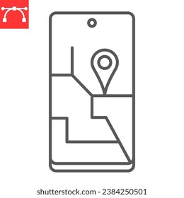GPS-app-Line-Symbol, Navigation und Smartphone, Tracking-App-Vektorsymbol, Vektorgrafik, bearbeitbares Rahmenzeichen, eps10.