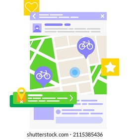 GPS-App auf dem mobilen Symbol. Finden Sie Fahrradoption Vektor. UI-Telefon-Anwendung. Bestimmungsort und Navigationsstraße