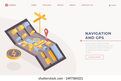GPS application landing page vector template. Smart navigation software website homepage interface idea with isometric illustration. Modern positioning technology web banner 3D cartoon concept
