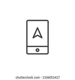 GPS application with mobile phone outline icon. linear style sign for mobile concept and web design. Navigation device simple line vector icon. Symbol, logo illustration. Pixel perfect vector graphics