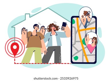 Aplicação GPS no telefone celular permite construir a rota para a casa de amigos que estão esperando convidados. Homens e mulheres usam o navegador GPS no smartphone para determinar a geoposição no mapa digital