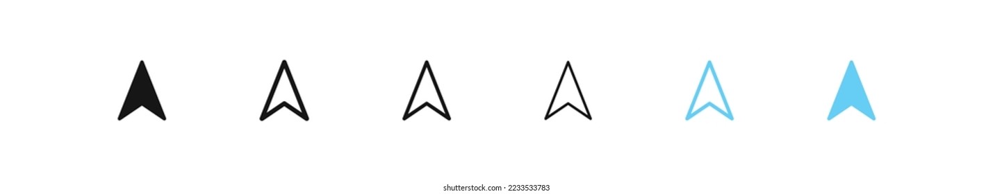 GPS arrow icon. Navigation sign. Location symbol. Direction symbols. Black and blue color. Vector isolated sign.
