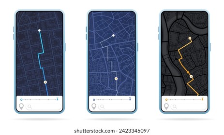 concepto de aplicación de mapa de ciudades GPS. Aplicación de navegación para smartphone para viajes con marca de ubicación, puntero, en pantalla. Diseño del servicio Ubicación de búsqueda. Ilustración del vector de navegación para web, anuncio, banner