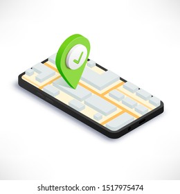 GPS city map app isometric concept. Smartphone with route 3d map, pin icolated on white background. Search Location service design. Navigation Vector illustration for web, mobile app, advert, banner