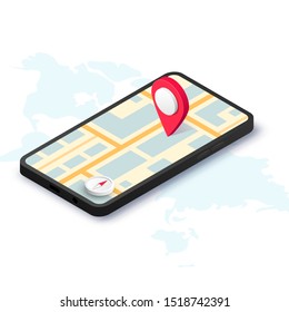 GPS Stadtplan App isometrisches Konzept. 3d Smartphone mit Routenplan, Pin, Kompass auf Bildschirm. Design des Location Service-Designs suchen. Vektorgrafik-Navigation für Web, mobile App, Werbung, Banner