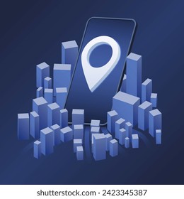 GPS city map app isometric concept. Giant mobile phone with pin on screen. Search Location service design. Navigation Vector illustration for web, mobile app, advert, banner