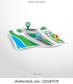 GPS city map with pointers. Vector illustration. 