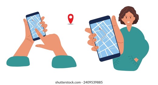 GPS concept. Smiling positive girl holding mobile smart phone with map on screen. Woman choosing route to reach destination via app flat vector illustration. Application on touch screen device