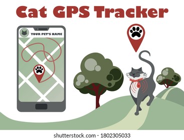 Gps control tracker for walking cat. Pet tracking application. Smartphone with city map and navigation pins show pet movement. GPS tracking app. Trackng system technology.