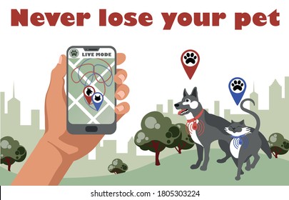 Gps control tracker for walking cat and dog. Pet tracking application. Smartphone with city map and navigation pins show pet movement. Tracking app.