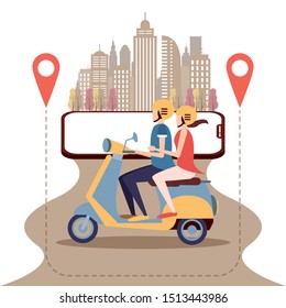 GPS couple on motrobike, road on the city