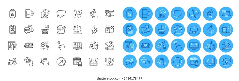 Gps, Cursor and Copywriting notebook line icons pack. Buying house, Bid offer, Video conference web icon. Brand, Realtor, Manual pictogram. Music, Social media, Direction. Translate. Vector