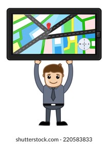 GPS Device Holding in Hands - Cartoon Vector