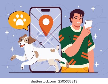 GPS for dogs. Man with smartphone monitors geolocation of domestic animal. Application for pet owners, smart collar. Navigation at map. Flat vector illustration isolated on blue background