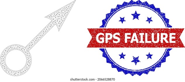 GPS Failure textured seal, and point direction icon mesh structure. Red and blue bicolor stamp seal contains GPS Failure title inside ribbon and rosette. Abstract 2d mesh point direction,