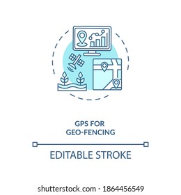 GPS For Geo Fencing Concept Icon. Information Technology In Agriculture. Creating Virtual Farm Fields Map Device Idea Thin Line Illustration. Vector Isolated Outline RGB Color Drawing. Editable Stroke