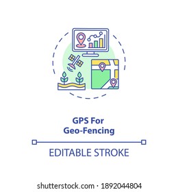 GPS For Geo Fencing Concept Icon. Information Technology In Agriculture. Virtual Farm Fields Map Device Idea Thin Line Illustration. Vector Isolated Outline RGB Color Drawing. Editable Stroke