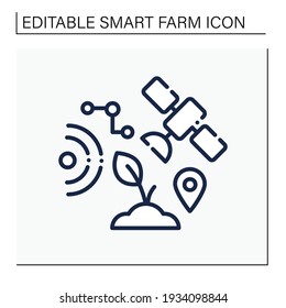 GPS geofencing line icon. Creating virtual farm fields map devices. Using satellites for observation of plants. Smart farming concept. Isolated vector illustration. Editable stroke