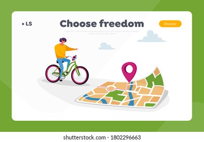 Gps Geolocation Landing Page Template. Female Character Riding Bike Use Map or Smartphone App to Finding Correct Way in Big City. Sport Navigation, Orienteering Traveling. Cartoon Vector Illustration