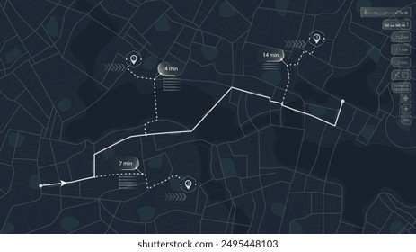 Gps, graphic tourist map of territory. Smartphone map application. App search map navigation. Fragments of city. Futuristic route dashboard gps map tracking. Vector illustration.