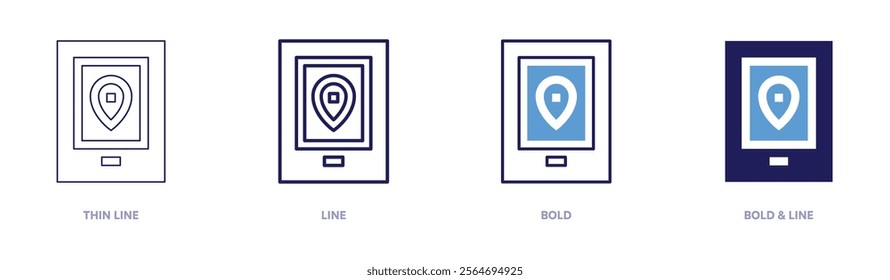 Gps icon in 4 different styles. Thin Line, Line, Bold, and Bold Line. Duotone style. Editable stroke.