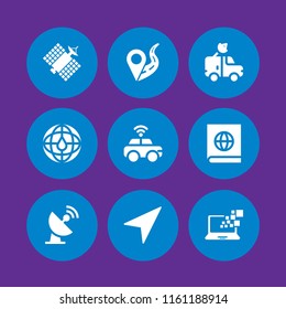 gps icon. 9 gps set with location on road, navigation, monitor and satellite vector icons for web and mobile app