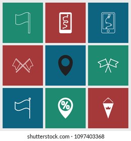Gps icon. collection of 9 gps filled and outline icons such as route and phone, flag, location. editable gps icons for web and mobile.