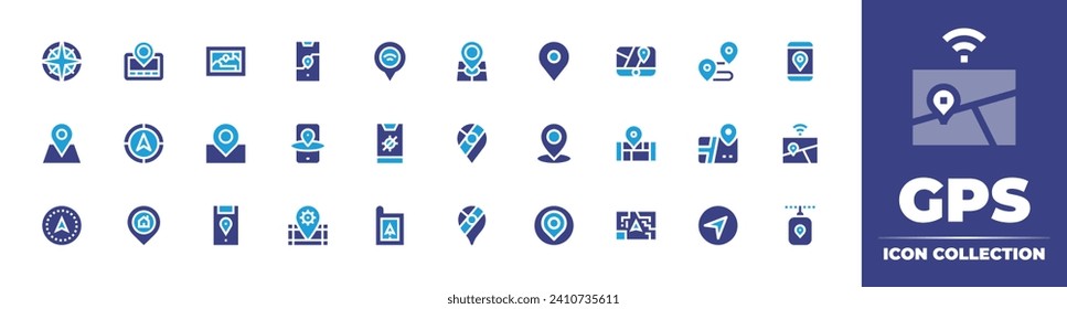 GPS icon collection. Duotone color. Vector and transparent illustration. Containing gps navigator, placeholder, pin, navigation, location, route, map, share, gps, gps navigation, compass.