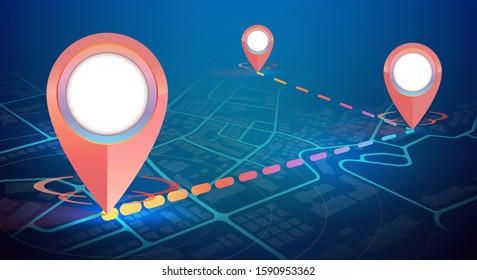 GPS icon mockup showing on city map 3 point  with line connect.vector illustration