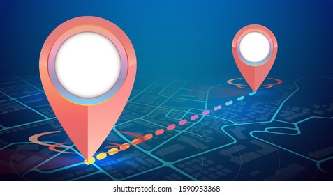 GPS icon mockup showing on city map point 1 to point 2 with line connect.vector illustration