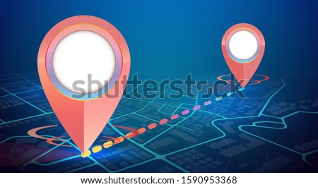 GPS icon mockup showing on city map point 1 to point 2 with line connect.vector illustration