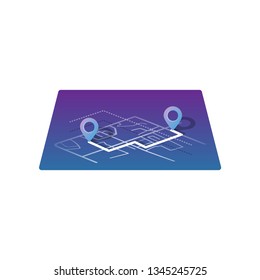 GPS icon and route map with path in city street