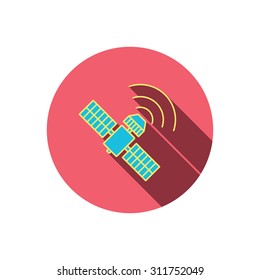GPS icon. Satellite navigation sign. Red flat circle button. Linear icon with shadow. Vector