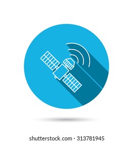 GPS icon. Satellite navigation sign. Blue flat circle button with shadow. Vector