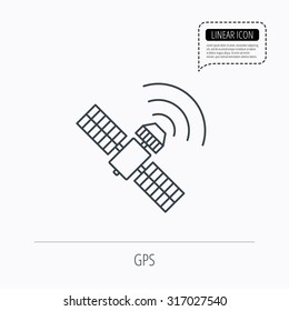 GPS icon. Satellite navigation sign. Linear outline icon. Speech bubble of dotted line. Vector
