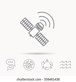 GPS icon. Satellite navigation sign. Global connect network, ocean wave and chat dialog icons. Teamwork symbol.
