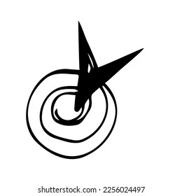 GPS icon, selection check mark, pointer. Black and white sketch, logo, clipart, template, button, pointer, mop. A vector image drawn by hand.
