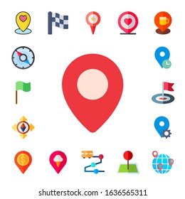 gps icon set. 17 flat gps icons. Included location, compass, flag, maps and flags, destination, placeholder, pin, track icons