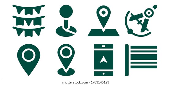 gps icon set. 8 filled gps icons. Included Placeholder, Flags, Navigation, Flag, Compass icons