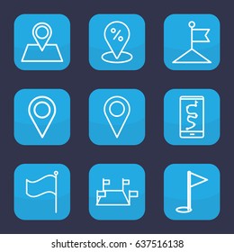 Gps icon. set of 9 outline gps icons such as flag, location pin, gold flag, sale location, location, route and phone