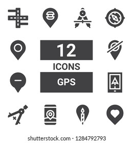 gps icon set. Collection of 12 filled gps icons included Location, Gps, Compass, Navigation, Placeholder, Pin, Street