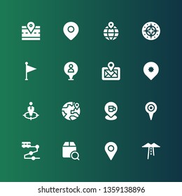 gps icon set. Collection of 16 filled gps icons included Route, Placeholder, Localize, Track, Pin, Location, Position, Digital map, Flag, Compass, Road
