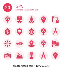 gps icon set. Collection of 20 filled gps icons included Placeholder, Gps, Position, Pin, Route, Compass, Location, Navigation, Crankset, Flag
