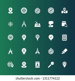 gps icon set. Collection of 25 filled gps icons included Pin, Gps, Placeholder, Location, Marker, Compass, Localize, Position, Route, Navigation