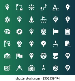 gps icon set. Collection of 36 filled gps icons included Placeholder, Compass, Navigation, Position, Flag, Gps, Localize, Location, Route, Pin