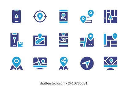 GPS icon set. Duotone color. Vector illustration. Containing route, location, map, gps, gps navigation, share location, place.