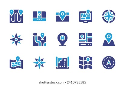 GPS icon set. Duotone color. Vector illustration. Containing map, gps, compass, location, wind rose, placeholder, pointer, street map, navigation.