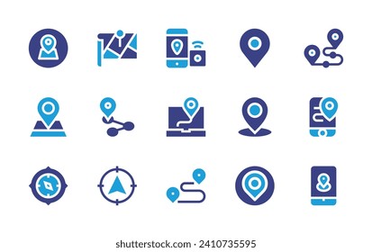 GPS icon set. Duotone color. Vector illustration. Containing location, placeholder, smartphone, map pointer, gps, route, compass, navigation.